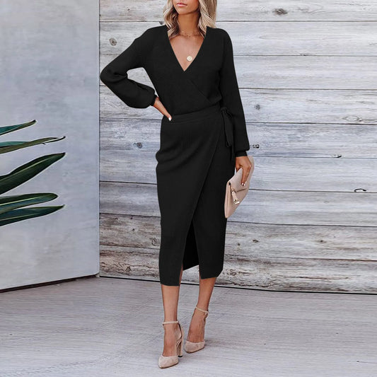 Korean Dongdaemun High Clothing Wrap V Neck Long Sleeve Sweater Tie Waist Bodycon Knit Elegant платье Midi Dress