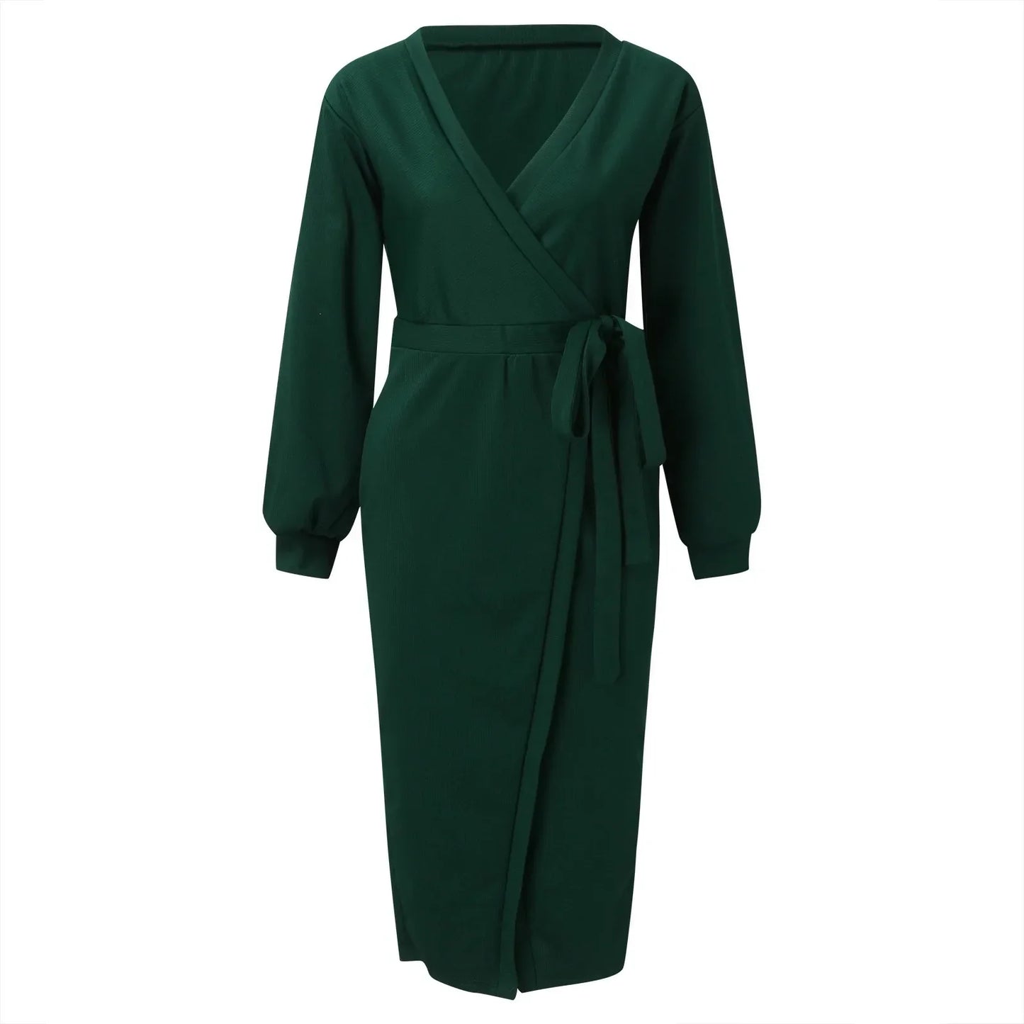 Korean Dongdaemun High Clothing Wrap V Neck Long Sleeve Sweater Tie Waist Bodycon Knit Elegant платье Midi Dress