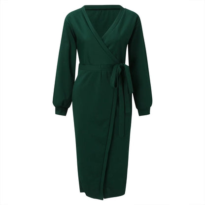 Korean Dongdaemun High Clothing Wrap V Neck Long Sleeve Sweater Tie Waist Bodycon Knit Elegant платье Midi Dress
