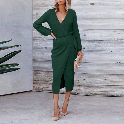 Korean Dongdaemun High Clothing Wrap V Neck Long Sleeve Sweater Tie Waist Bodycon Knit Elegant платье Midi Dress