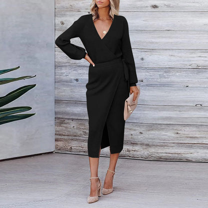 Korean Dongdaemun High Clothing Wrap V Neck Long Sleeve Sweater Tie Waist Bodycon Knit Elegant платье Midi Dress