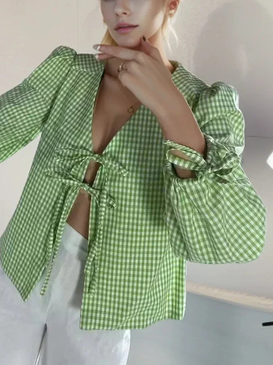 Korean Vintage V Neck Summer New Fashion Casual Plaid Lace-Up Female Shirt Blouse