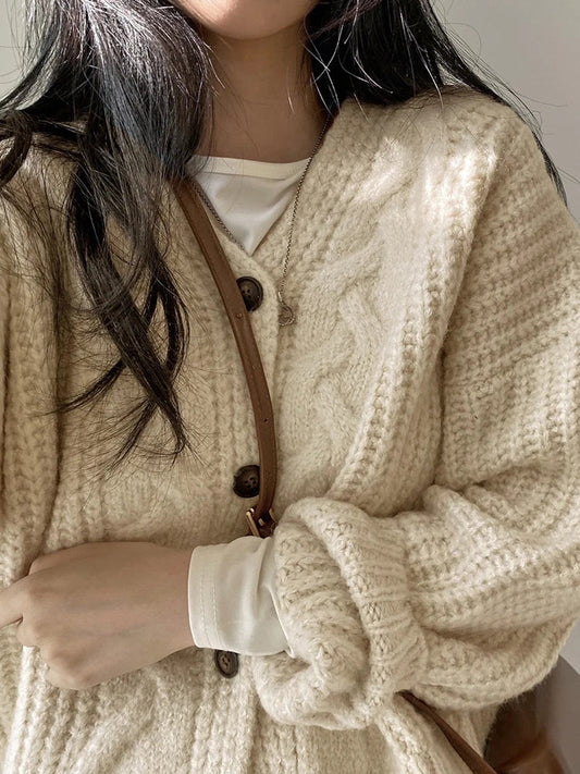 FashionSierra - Korean Women Cardigan Knitted Autumn Winter Chic Loose Long Sleeve Simple Solid Jacket for Female Sweater