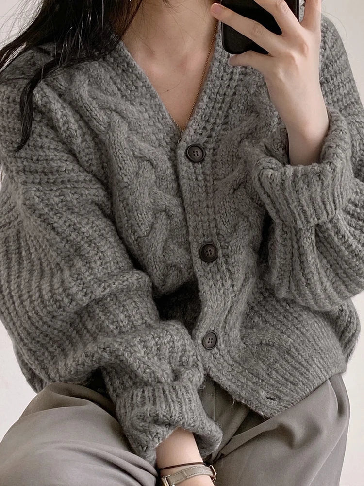 FashionSierra - Korean Women Cardigan Knitted Autumn Winter Chic Loose Long Sleeve Simple Solid Jacket for Female Sweater