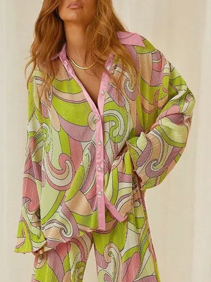 Unique Painted Print Pleated Loose Shirt