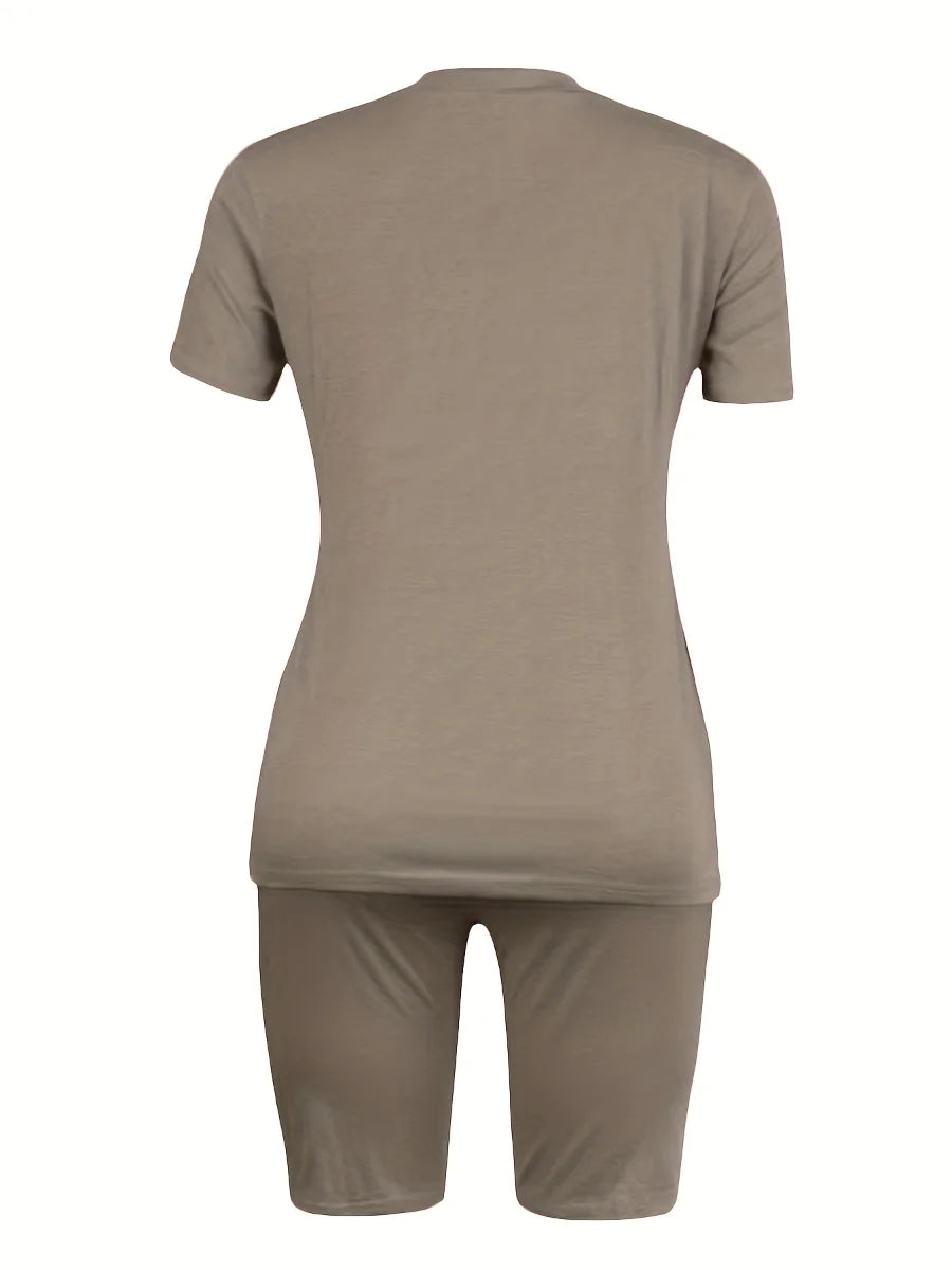 Plus Size Round Neck Regular Fit Breathable Short Sleeve Solid Women Home Two Piece Sets Tracksuits Outfits