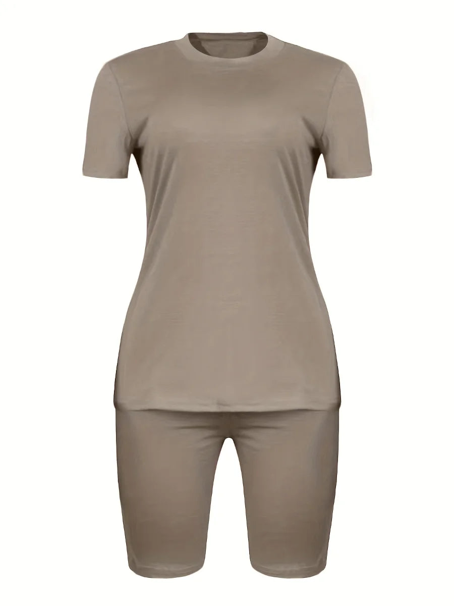 Plus Size Round Neck Regular Fit Breathable Short Sleeve Solid Women Home Two Piece Sets Tracksuits Outfits