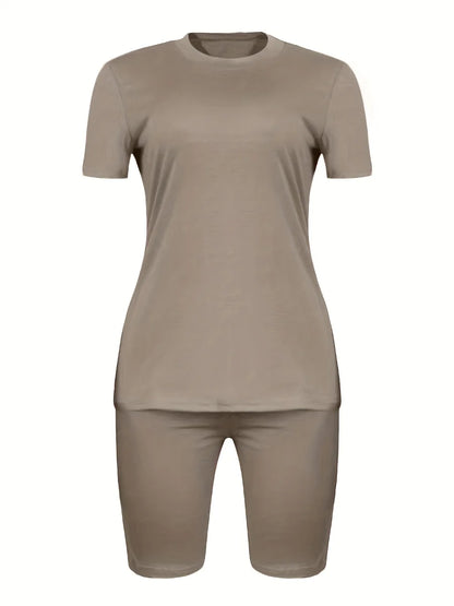 Plus Size Round Neck Regular Fit Breathable Short Sleeve Solid Women Home Two Piece Sets Tracksuits Outfits
