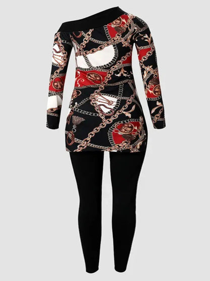 Casual Plus Size Chain Print Side Split Pants Set for 2025 Women Bateau Neck Long Sleeve Two Pieces Matching Suits Outfit