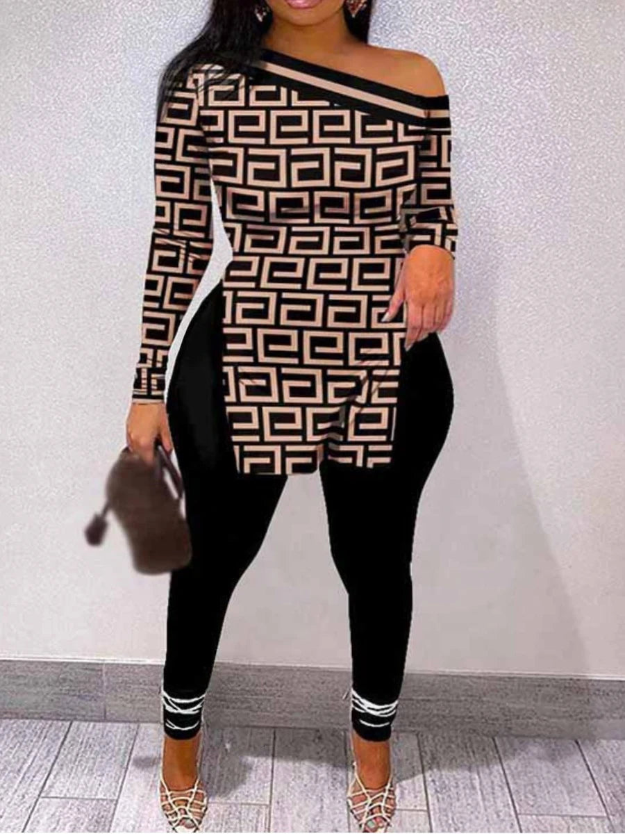 Casual Plus Size Chain Print Side Split Pants Set for 2025 Women Bateau Neck Long Sleeve Two Pieces Matching Suits Outfit