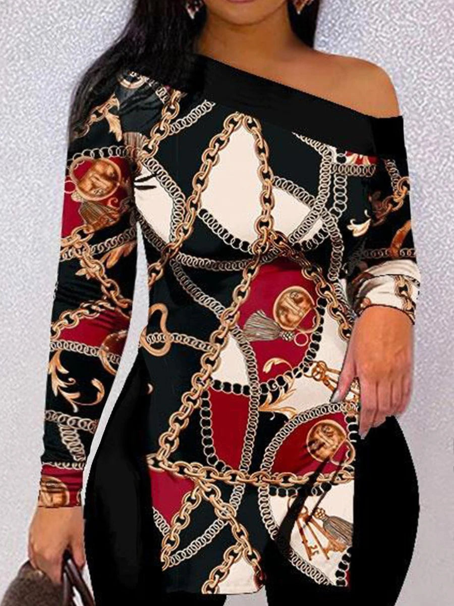 Casual Plus Size Chain Print Side Split Pants Set for 2025 Women Bateau Neck Long Sleeve Two Pieces Matching Suits Outfit