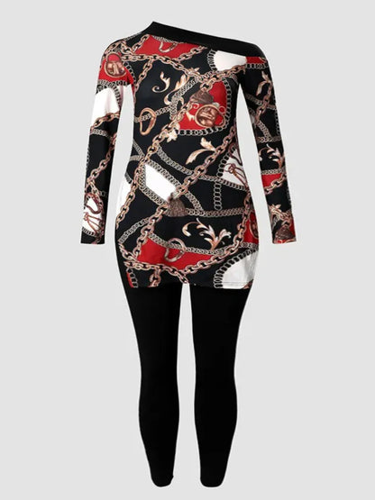 Casual Plus Size Chain Print Side Split Pants Set for 2025 Women Bateau Neck Long Sleeve Two Pieces Matching Suits Outfit