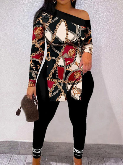 Casual Plus Size Chain Print Side Split Pants Set for 2025 Women Bateau Neck Long Sleeve Two Pieces Matching Suits Outfit