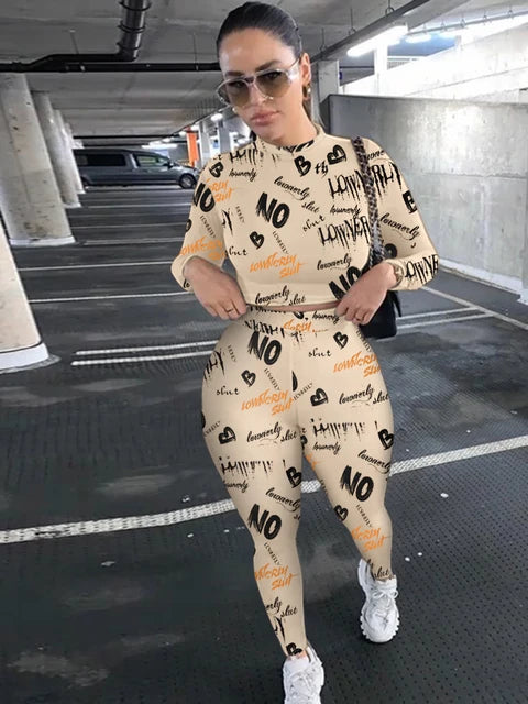 Crop Top Letter Print Skinny Pants Set 2025 Women High Elasticity Round Neck Autumn Winter Two Pieces Matching Suits Outfit