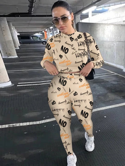 Crop Top Letter Print Skinny Pants Set 2025 Women High Elasticity Round Neck Autumn Winter Two Pieces Matching Suits Outfit