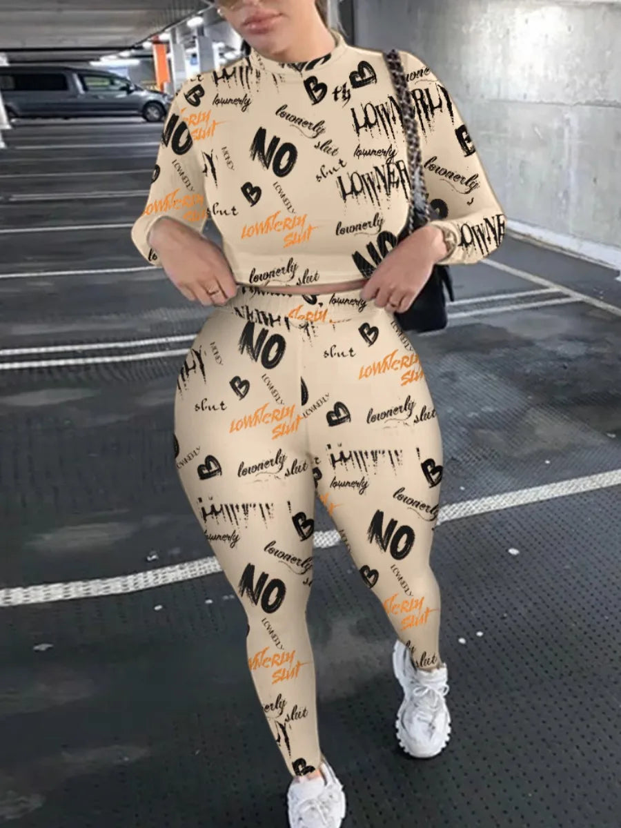 Crop Top Letter Print Skinny Pants Set 2025 Women High Elasticity Round Neck Autumn Winter Two Pieces Matching Suits Outfit