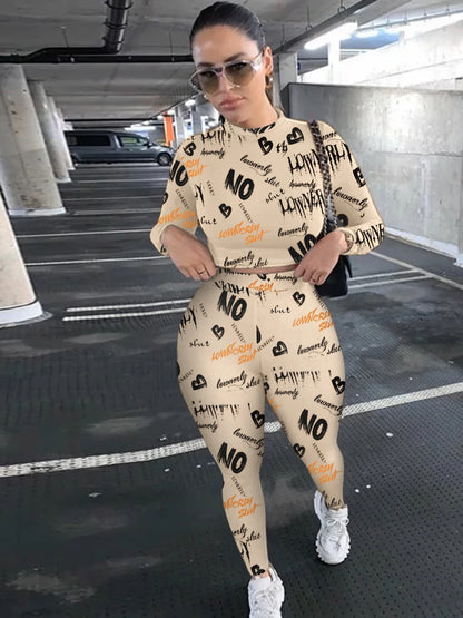 Crop Top Letter Print Skinny Pants Set 2025 Women High Elasticity Round Neck Autumn Winter Two Pieces Matching Suits Outfit