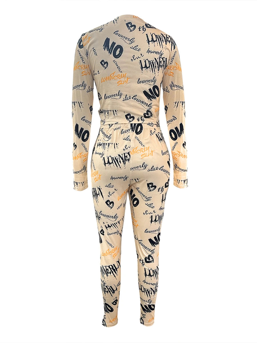 Crop Top Letter Print Skinny Pants Set 2025 Women High Elasticity Round Neck Autumn Winter Two Pieces Matching Suits Outfit