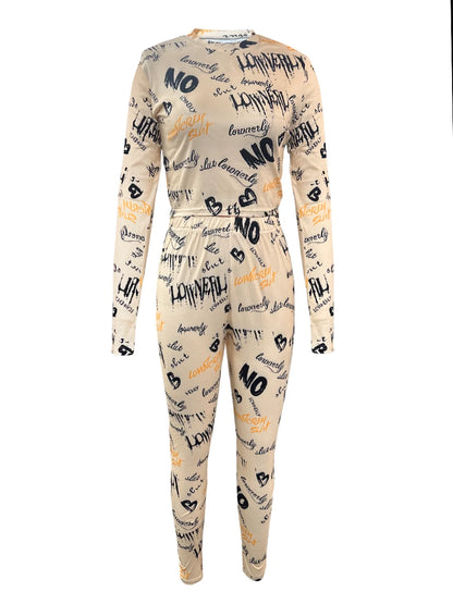 Crop Top Letter Print Skinny Pants Set 2025 Women High Elasticity Round Neck Autumn Winter Two Pieces Matching Suits Outfit