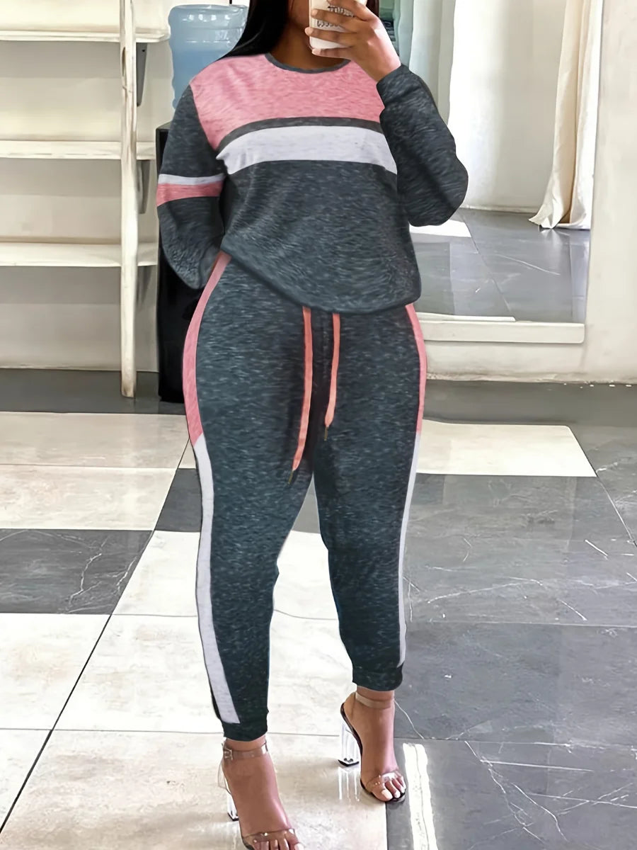 Drawstring Color Lump Pants Set 2025 Women Mixed Print Round Neck Long Sleeve Tracksuits Two Pieces Outfits