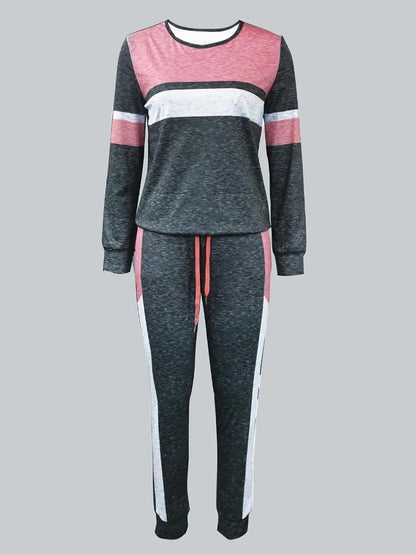 Drawstring Color Lump Pants Set 2025 Women Mixed Print Round Neck Long Sleeve Tracksuits Two Pieces Outfits