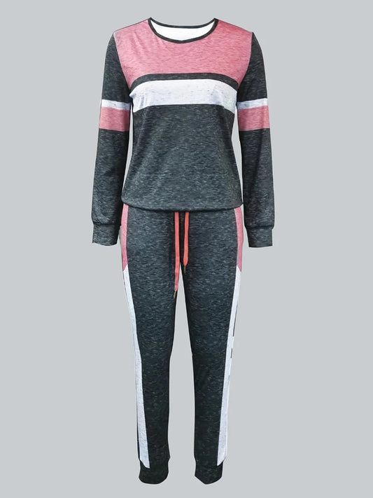 Drawstring Color Lump Pants Set 2025 Women Mixed Print Round Neck Long Sleeve Tracksuits Two Pieces Outfits