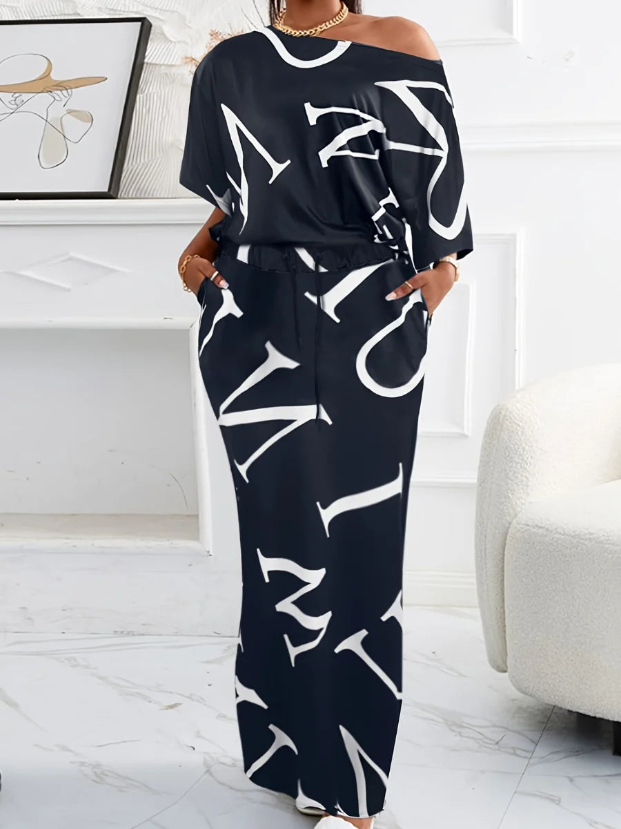 Elegant One Shoulder Letter Print Skirt Set 2025 Autumn Winter Women’s Suits Long Sleeve Two Pieces Outfits