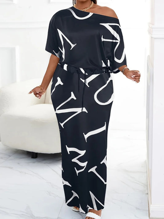 Elegant One Shoulder Letter Print Skirt Set 2025 Autumn Winter Women’s Suits Long Sleeve Two Pieces Outfits