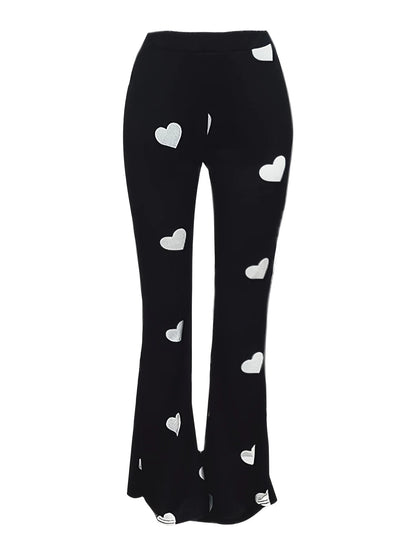 High Waist Heart Print Slimming Flared Pants 2025 Women New Fashion Spring Elastic Micro Horn Trousers Sweet Causal Style