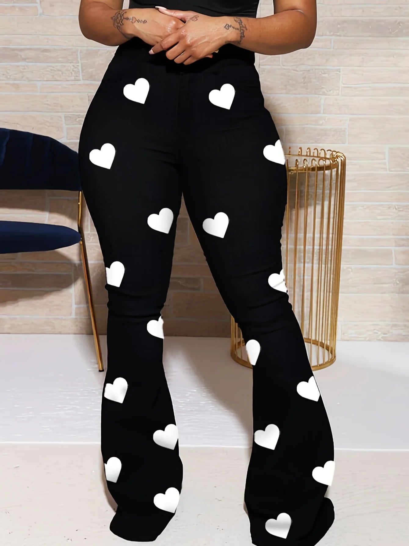 High Waist Heart Print Slimming Flared Pants 2025 Women New Fashion Spring Elastic Micro Horn Trousers Sweet Causal Style
