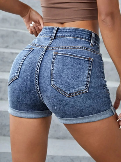 High Waist Ripped Pocket Design Solid Skinny Stretchy Denim Shorts Women Casual Cuffed Hem Hot Jean Pants