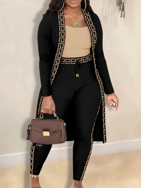 Plus Size Autumn Winter 2 Piece Sets Women Outfit Cami Pattern U Neck Long Sleeve Drawstring Three Piece Skinny Pants Set