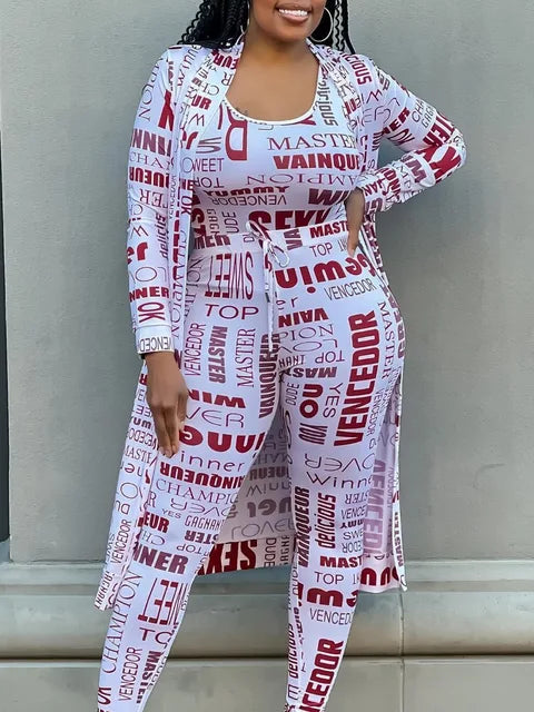 Plus Size Autumn Winter 2 Piece Sets Women Outfit Cami Pattern U Neck Long Sleeve Drawstring Three Piece Skinny Pants Set