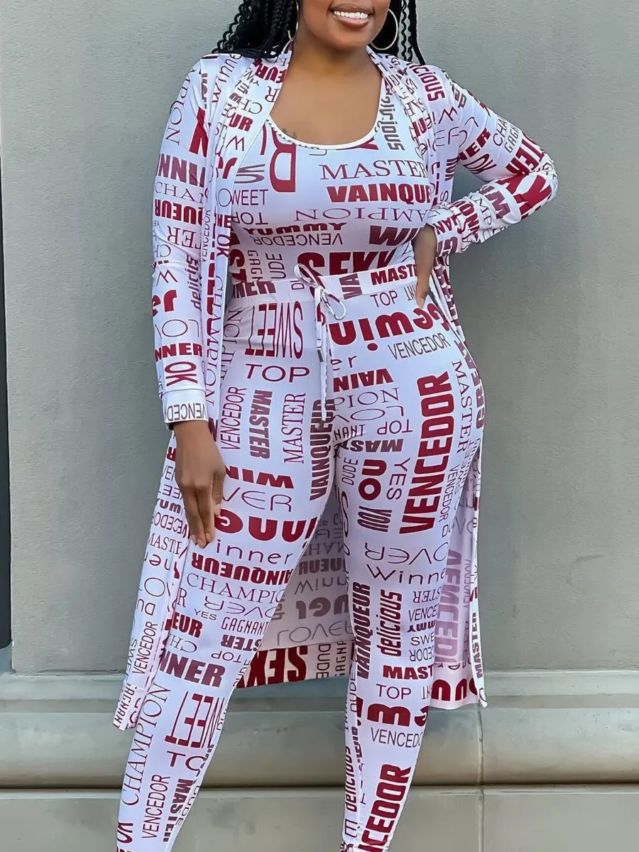 Plus Size Autumn Winter 2 Piece Sets Women Outfit Cami Pattern U Neck Long Sleeve Drawstring Three Piece Skinny Pants Set