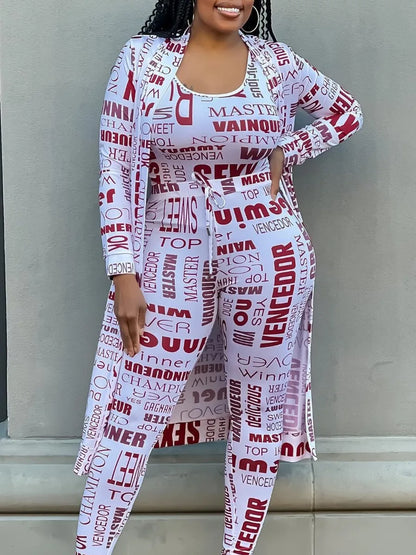 Plus Size Autumn Winter 2 Piece Sets Women Outfit Cami Pattern U Neck Long Sleeve Drawstring Three Piece Skinny Pants Set