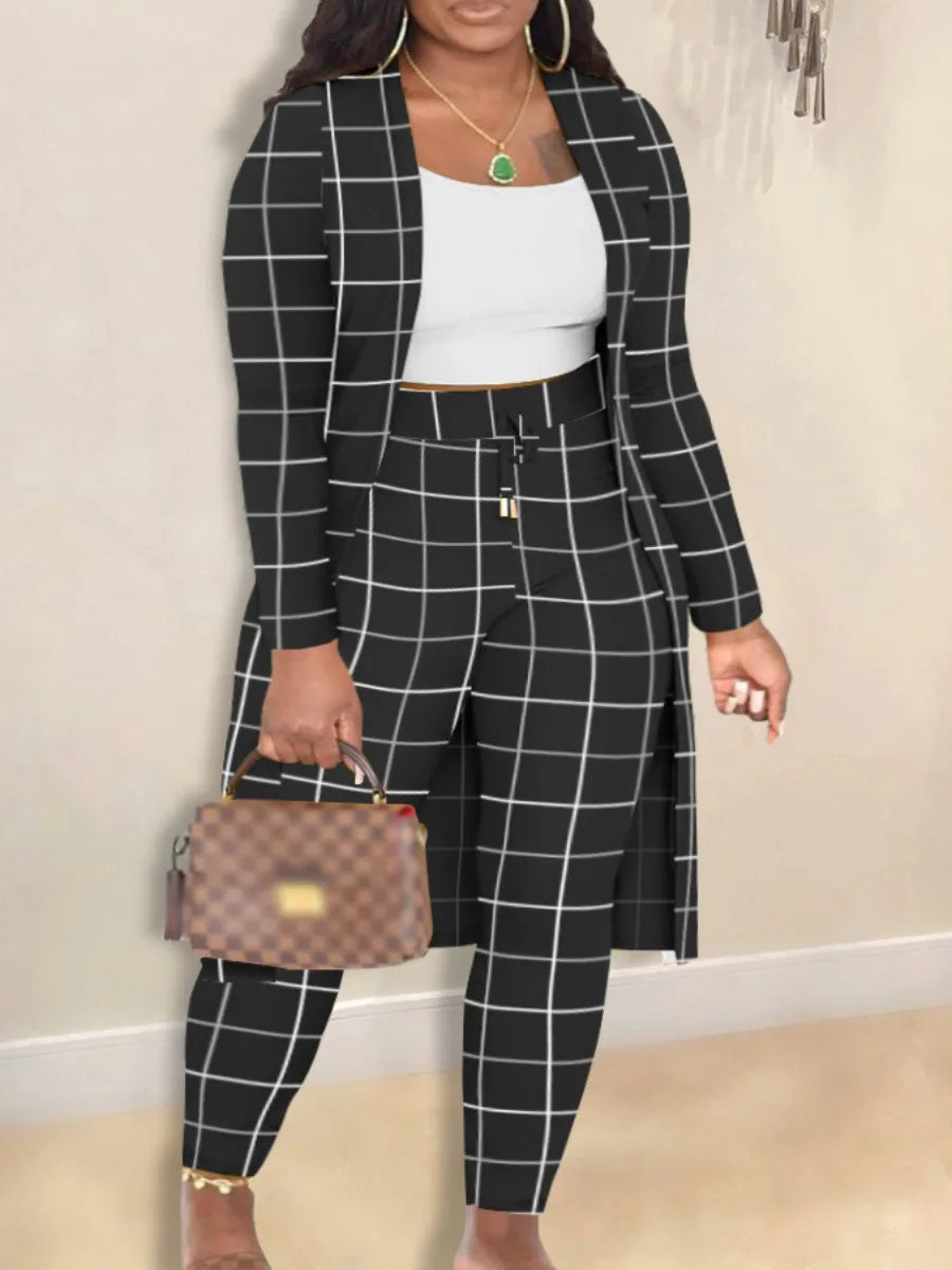 Plus Size Autumn Winter 2 Piece Sets Women Outfit Cami Pattern U Neck Long Sleeve Drawstring Three Piece Skinny Pants Set