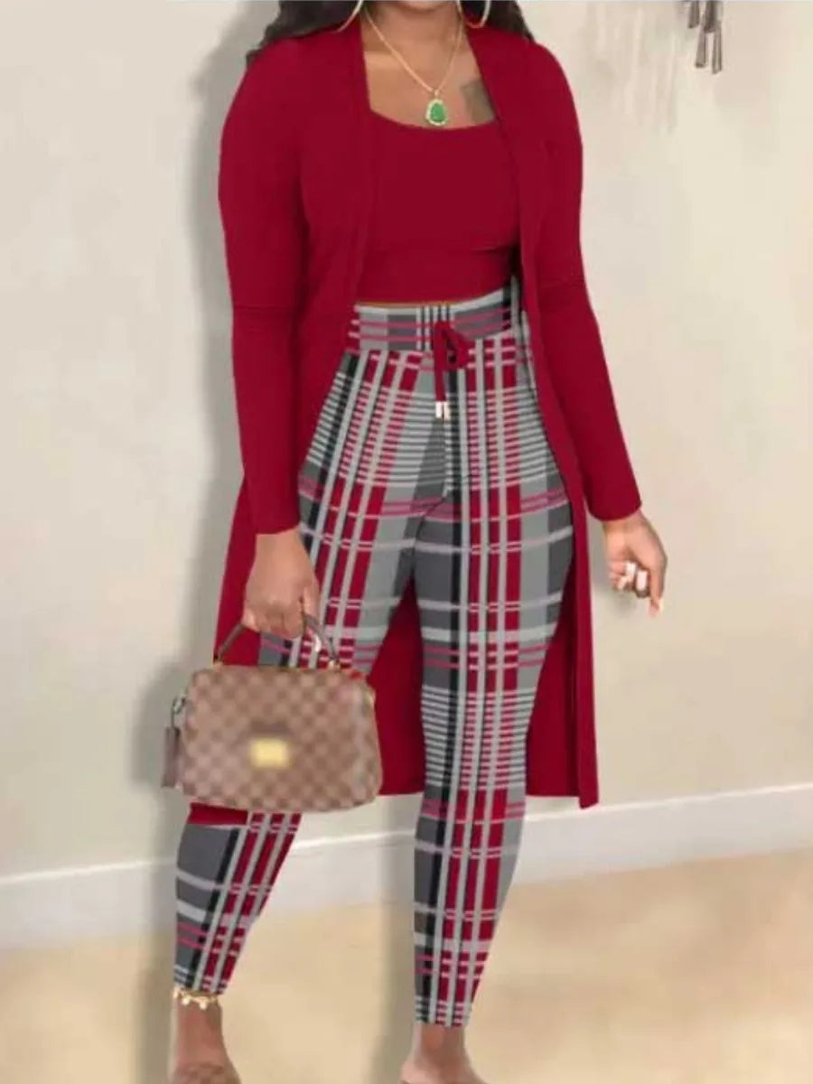 Plus Size Autumn Winter 2 Piece Sets Women Outfit Cami Pattern U Neck Long Sleeve Drawstring Three Piece Skinny Pants Set
