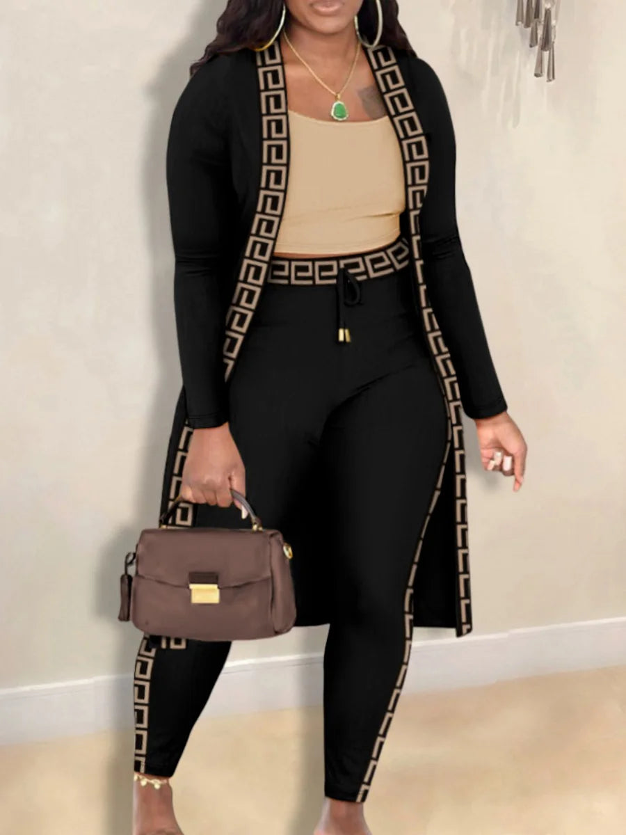 Plus Size Autumn Winter 2 Piece Sets Women Outfit Cami Pattern U Neck Long Sleeve Drawstring Three Piece Skinny Pants Set