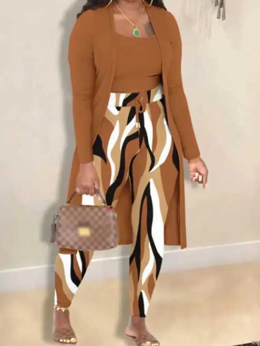 Plus Size Autumn Winter 2 Piece Sets Women Outfit Cami Pattern U Neck Long Sleeve Drawstring Three Piece Skinny Pants Set