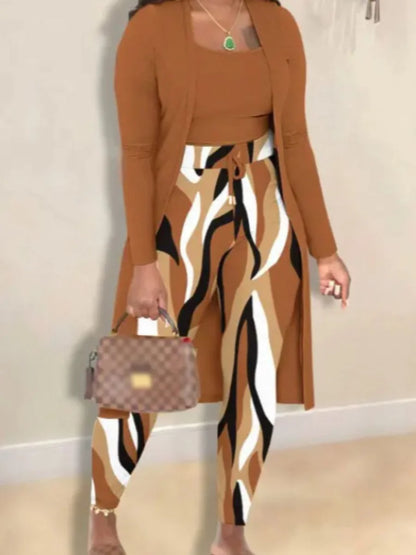 Plus Size Autumn Winter 2 Piece Sets Women Outfit Cami Pattern U Neck Long Sleeve Drawstring Three Piece Skinny Pants Set