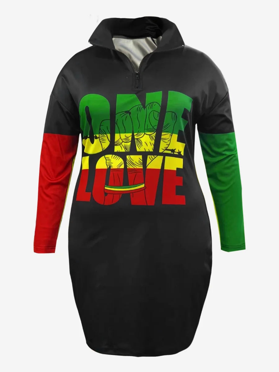 Plus Size Autumn Women Casual Long Sleeves Black Drop Shoulder Turndown Collar Zip Design Letter Print Sweat Dress