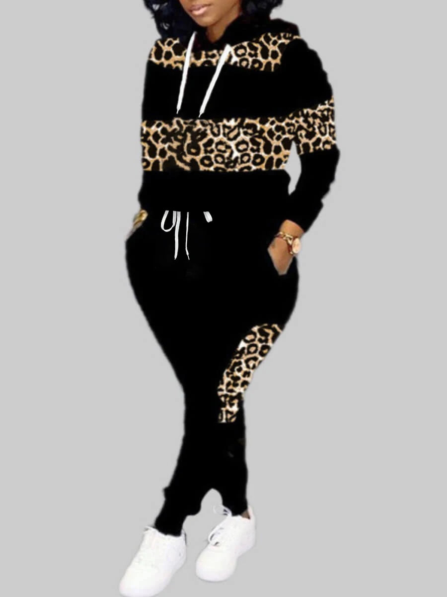 Plus Size Autumn Women Long Sleeves Two Pieces Hooded Collar Leopard Print Tracksuit Set Sweatshirts Pullover Hoodies Pant
