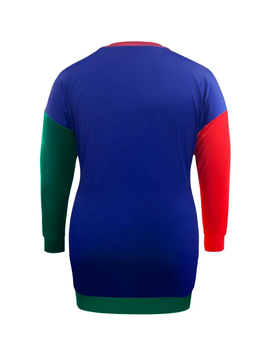 Plus Size Color Lump Patchwork Dress Women Long Sleeve Round Neck Drop Shoulder Autumn Winter Straight Mini Dresses