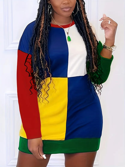 Plus Size Color Lump Patchwork Dress Women Long Sleeve Round Neck Drop Shoulder Autumn Winter Straight Mini Dresses