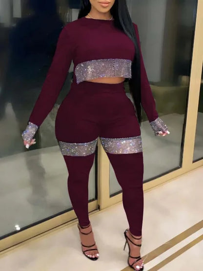 Plus Size Crop Top See Through Sequined Pants Set Elegant Sexy Long Sleeve Two-pieces Autumn Round Neck Crop Top Pant