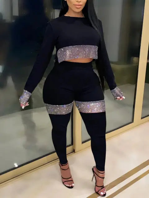 Plus Size Crop Top See Through Sequined Pants Set Elegant Sexy Long Sleeve Two-pieces Autumn Round Neck Crop Top Pant