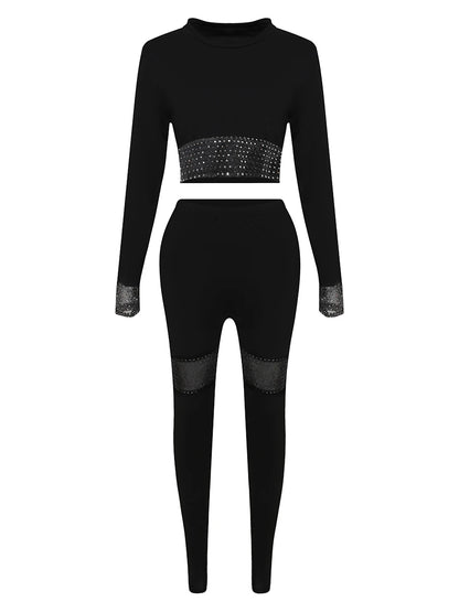 Plus Size Crop Top See Through Sequined Pants Set Elegant Sexy Long Sleeve Two-pieces Autumn Round Neck Crop Top Pant