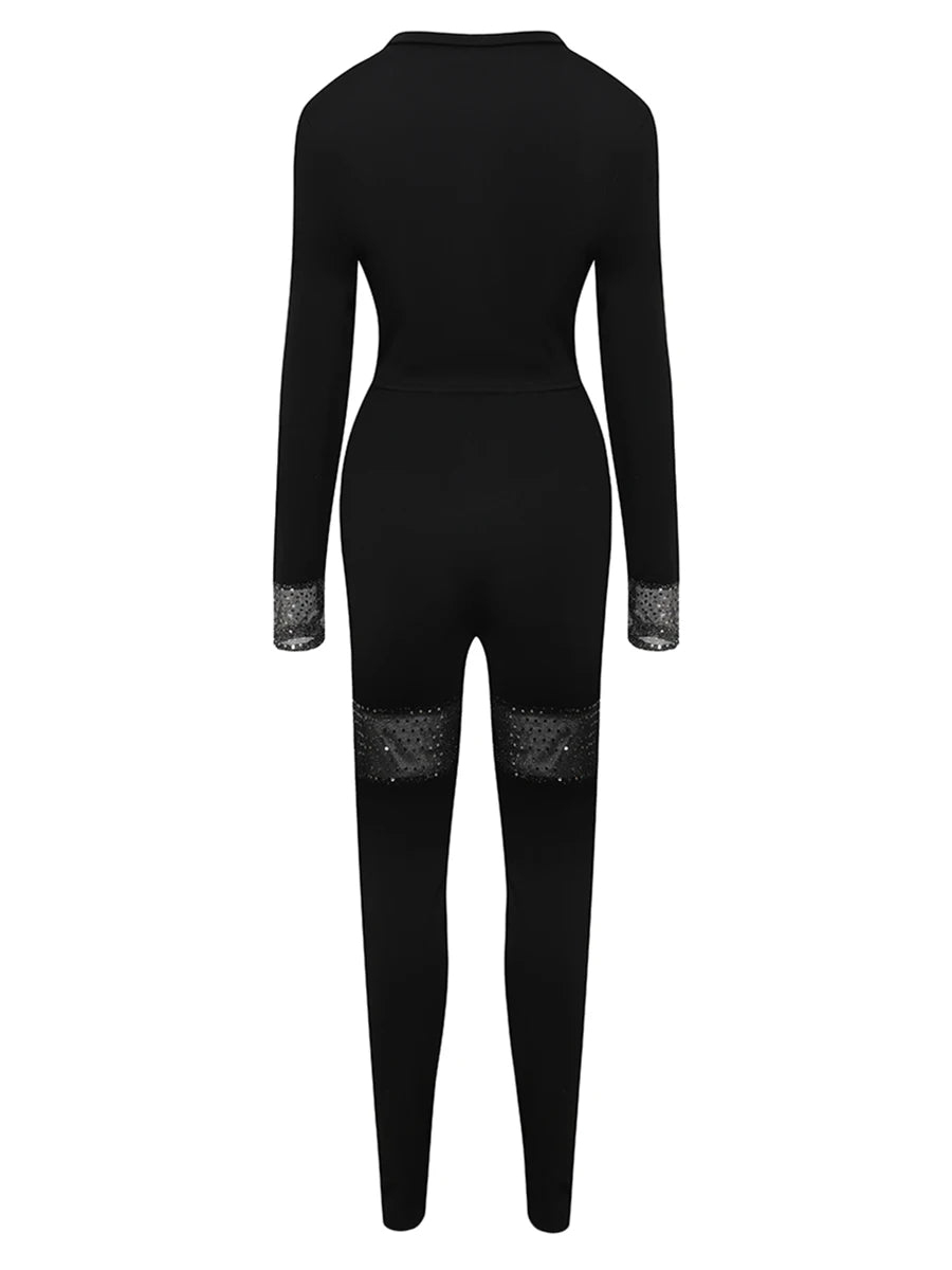 Plus Size Crop Top See Through Sequined Pants Set Elegant Sexy Long Sleeve Two-pieces Autumn Round Neck Crop Top Pant