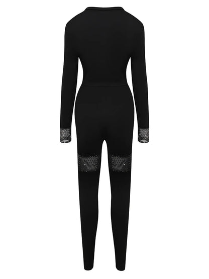 Plus Size Crop Top See Through Sequined Pants Set Elegant Sexy Long Sleeve Two-pieces Autumn Round Neck Crop Top Pant