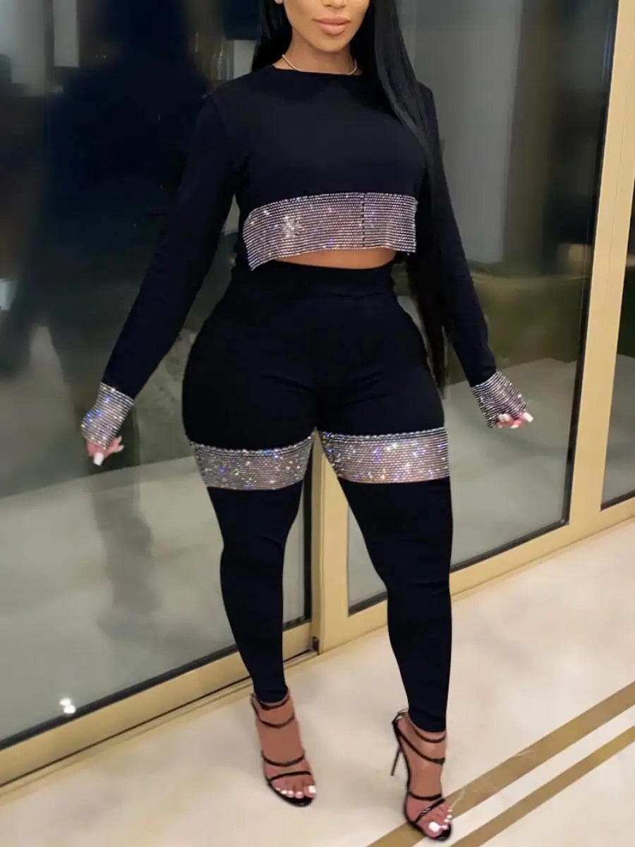 Plus Size Crop Top See Through Sequined Pants Set Elegant Sexy Long Sleeve Two-pieces Autumn Round Neck Crop Top Pant